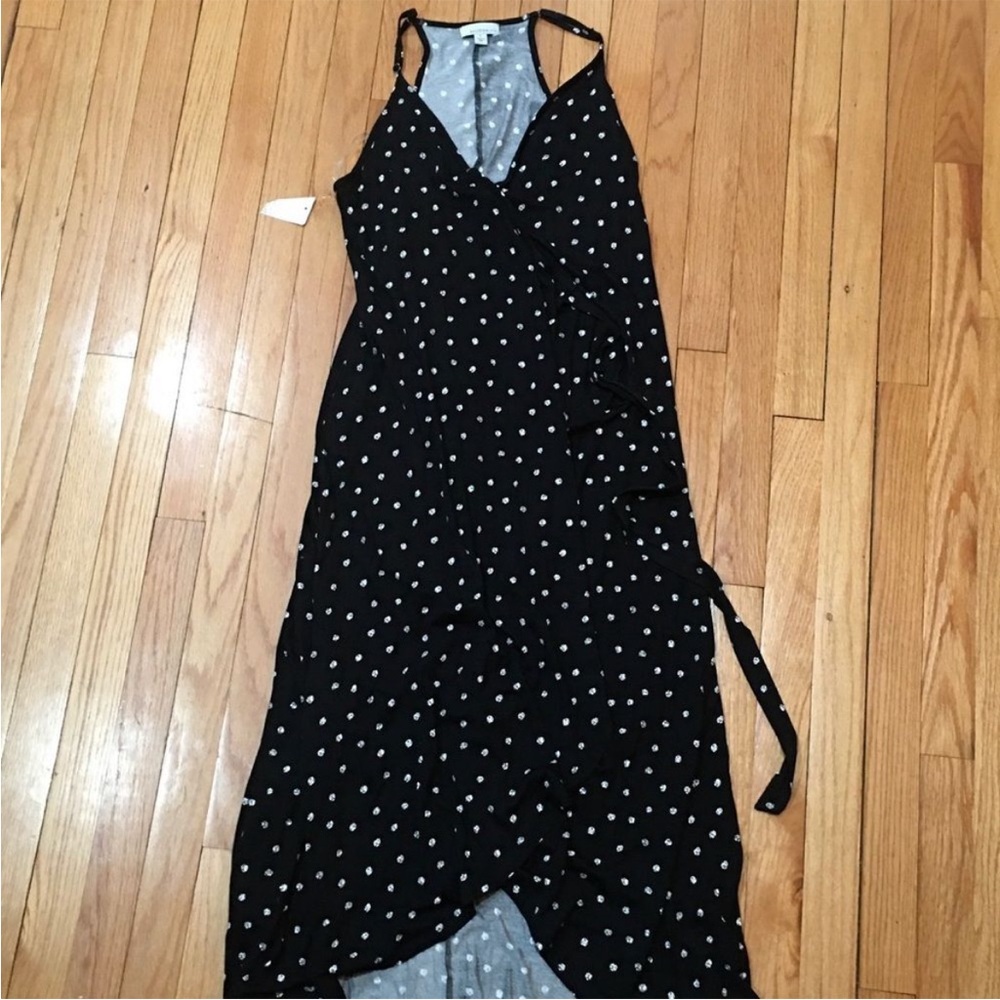 Evereve Allison Joy Jersey Knit Sleeveless Wrap Dress Size L Black With Dots